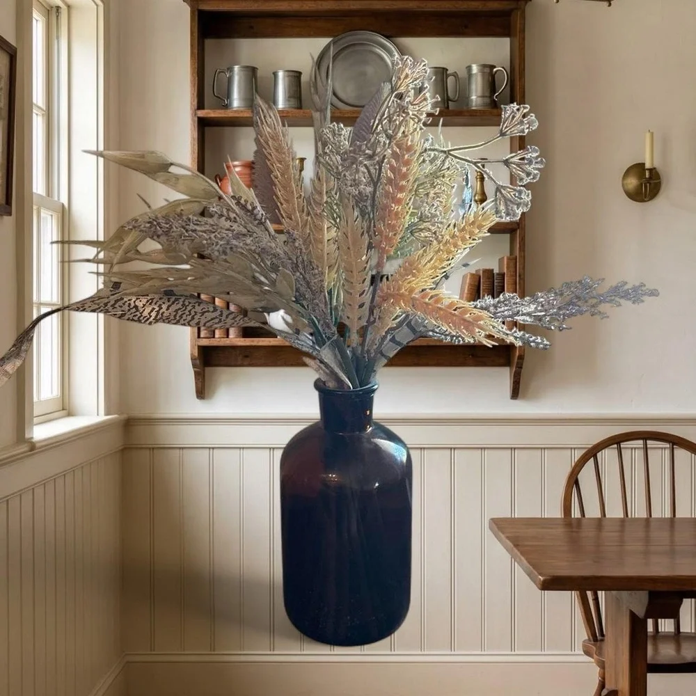 Brown glass vase with fake dried flowers Glass is 7